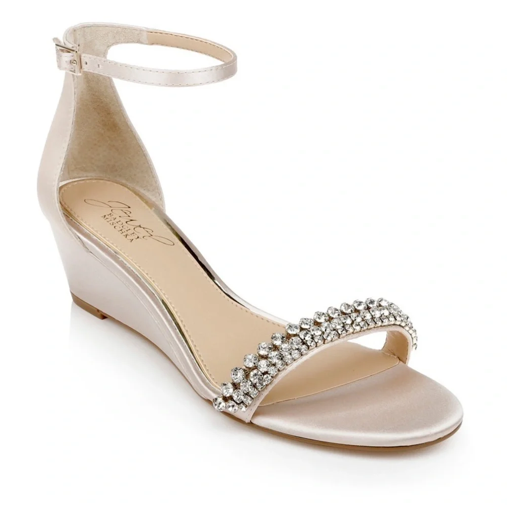 Badgley Mischka Lora Low Wedge Sandal - champagne satin - size 7